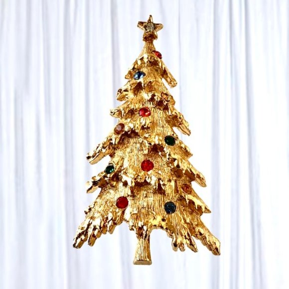 ART Arthur Pepper Vintage Christmas Tree Brooch Pin Gold Tone Rhinestones Signed - Picture 4 of 10